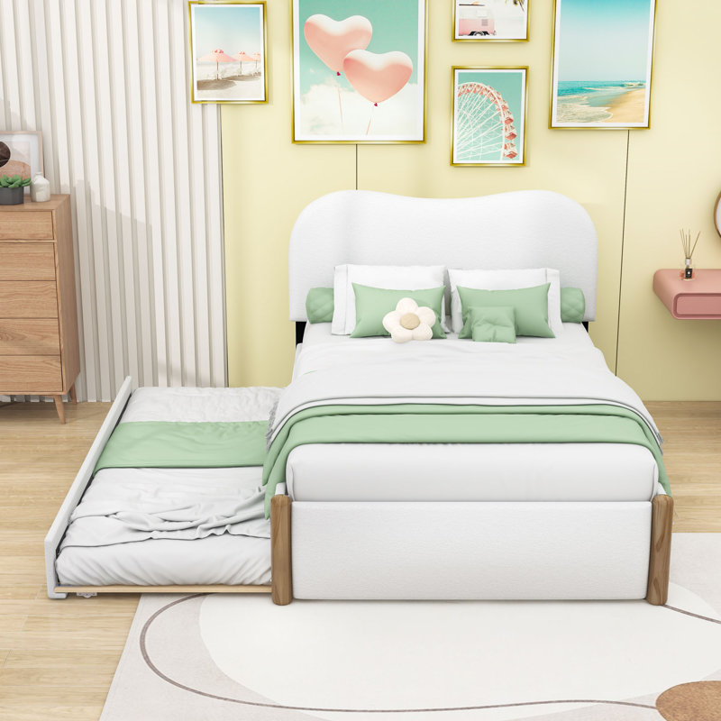 Lit plateforme tapissier avec lit gigogne simple et tête de lit, Double