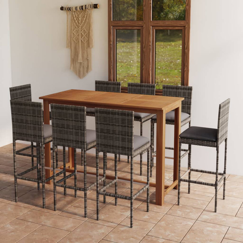Ensemble de salle à manger rectangulaire à hauteur de bar pour 8 personnes avec coussins, gris, Gris