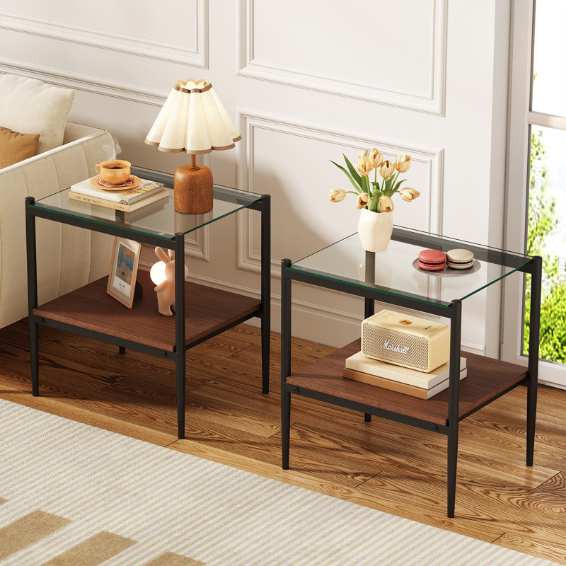 2-piece Modern End Tables Rectangle Side Table with Tempered Glass Top & MDF Storage Shelf, Living Room Accent Tables, Clear