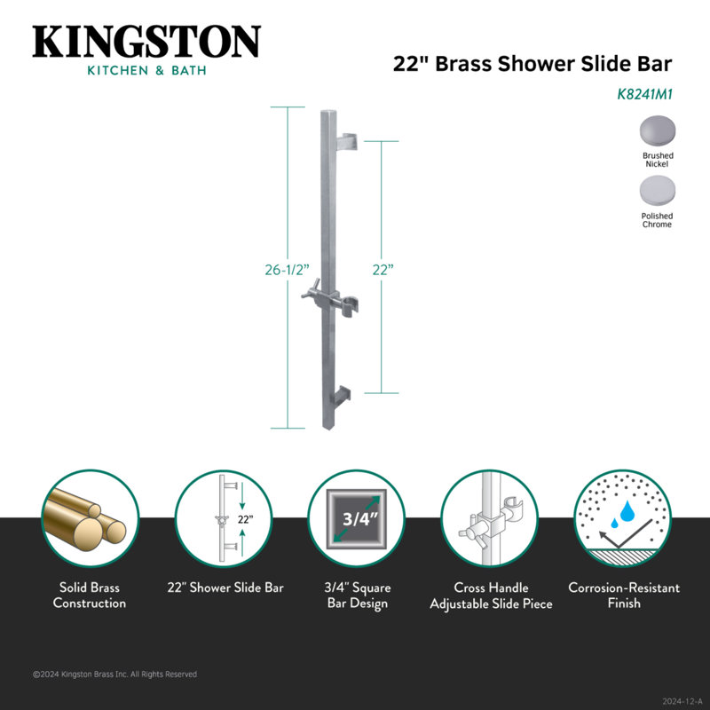 Barre de douche coulissante en laiton Kingston 22 po, Nickel brossé
