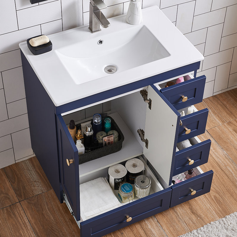 30'' Modern Free-Standing Single Bathroom Vanity With Ceramic Top, Blue/Gold