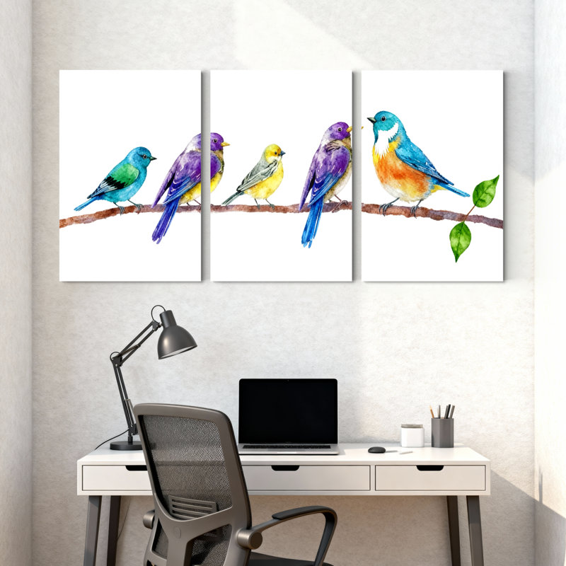 Oiseaux oiseaux colorés perchés sur une branche, ensemble de 3 impressions sur toile, H 24 po x l 48 po