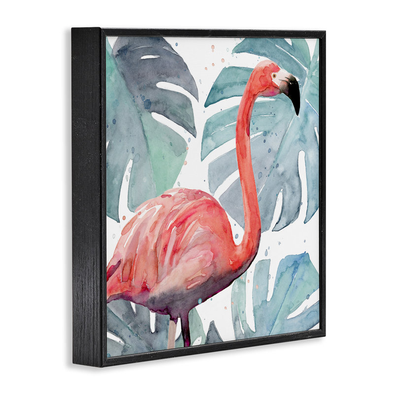Flamant rose sur une verdure tropicale, estampe numérique par Annie Warren, Giclée encadrée noir minuit, H 17 po x l 17 po