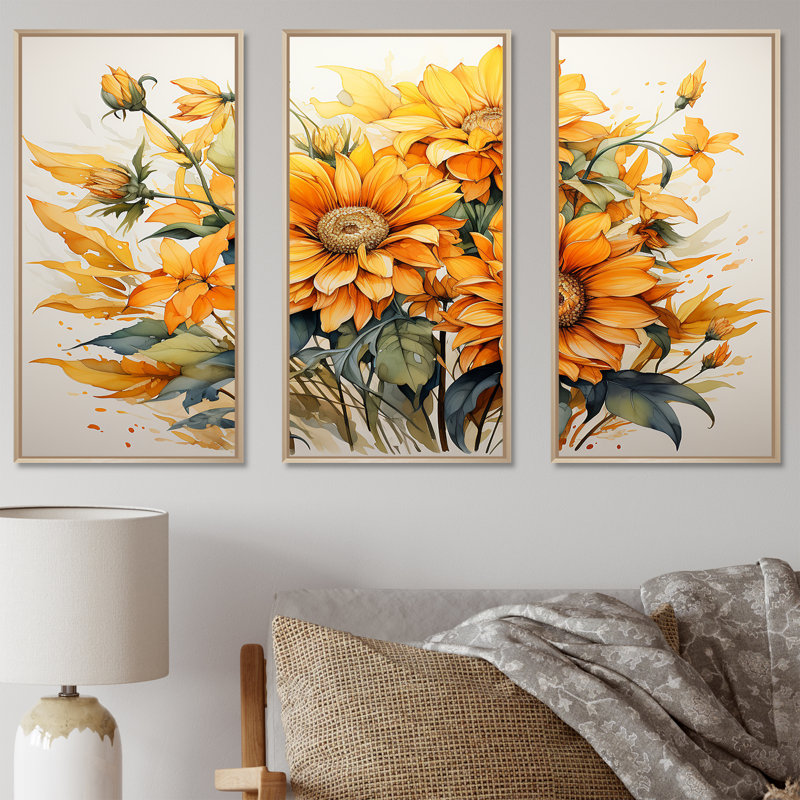 Tournesols, minimalisme, ensemble d'art sur toile, H 28 po x l 36 po x P 1 po, Cadre naturel flottant