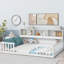 Lit blanc à plancher double avec bibliothèque et tablettes attachées, barrières de sécurité pour la chambre à coucher à l'intérieur et à l'extérieur, espace de sommeil écoénergétique