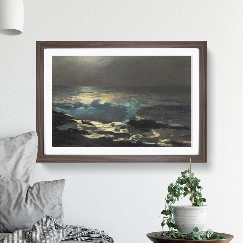 Moonlight at Wood Island by Winslow Homer - Picture Frame Painting, 27cm H x 36cm W x 2cm D, Walnut