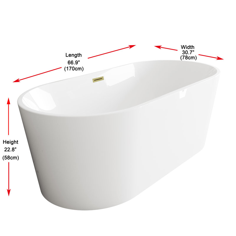 67 Inch Glossy White Acrylic Freestanding Bathtub with Brushed Gold Trim