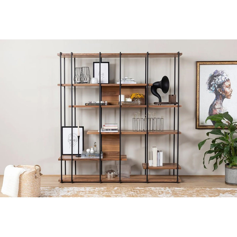 Modern Industrial Bookshelf, Walnut Color, 66.9 x 70.9 x 13.8 inches | 100% Melamine Coated Chipboard with Sturdy Metal Legs | 33 lbs Bearing Capacity | Stylish Storage Solution for Home & Office