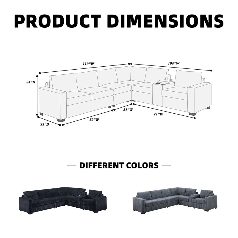 Reversible Modular Sectional With Usb Charging Console, Dark Gray