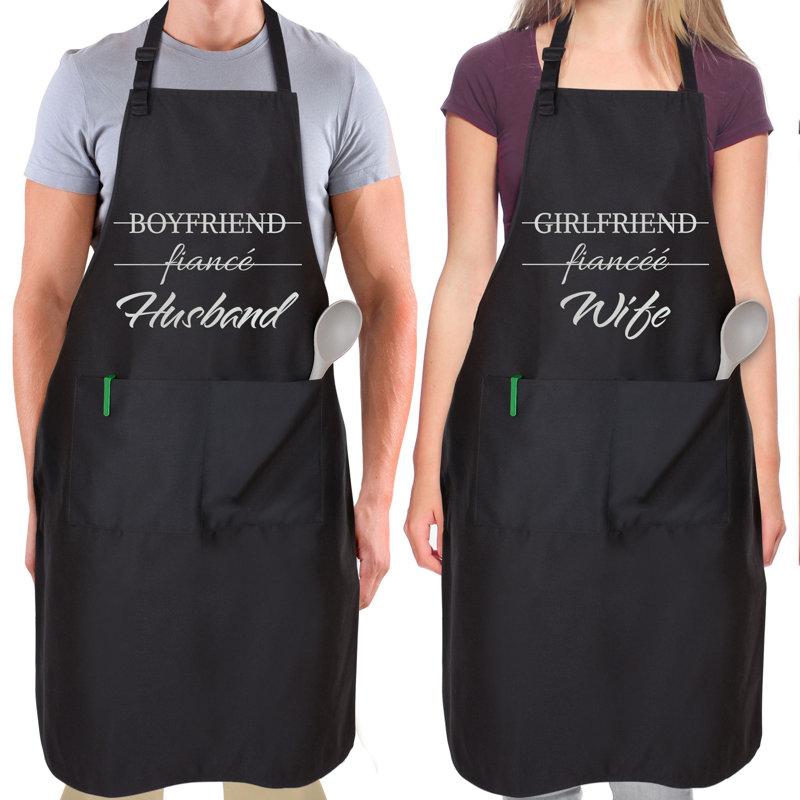 Zulay Kitchen 2-Pack Funny Aprons for Women Men & Couples Black Apron with Pockets Husband and Wife