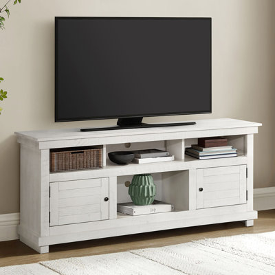 Meuble télé 60 po en bois avec finition vieillie, deux tablettes ouvertes pour les accessoires de jeu et six accessoires à compartiments de couleur blanche, un lieu à la mode décontracté