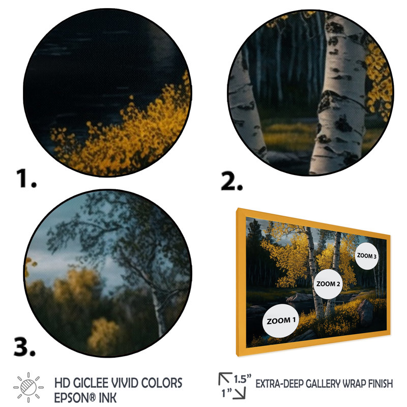 «Blossoming Birches on a Sunny Lake Day IV» - reproduction, H 34 po x l 44 po x P 1,5 po, Encadrement doré