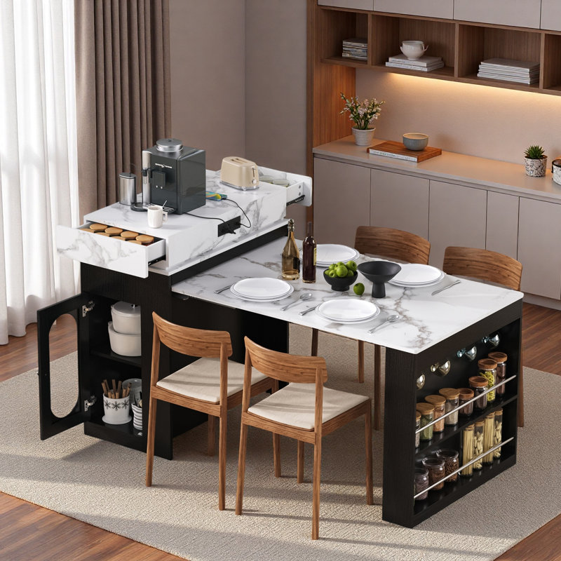 Îlot de cuisine avec table de salle à manger extensible, tiroirs, prise de courant, roulettes et crochets, Noir
