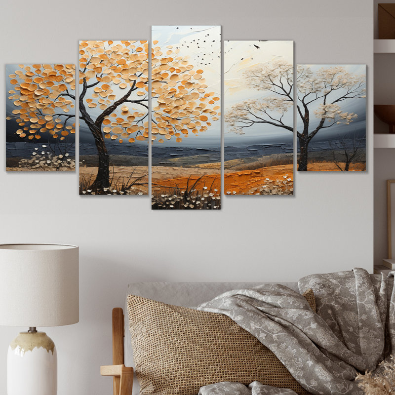 Orange orange, automne, patchwork acrylique I - paysage, arbres, art mural sur toile - 5 panneaux