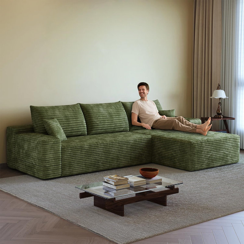 Canapé modulaire en velours côtelé de 108 po en L, fauteuils désossés pour le salon, canapé d'angle modulaire moderne avec assise profonde, canapé dans une boîte, aucun assemblage requis (vert, méridienne orientée vers la gauche)