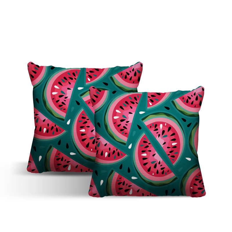 Oreiller carré intérieur / extérieur Yumelon Watermelon, L 15 po x H 15 po, Émeraude / rouge