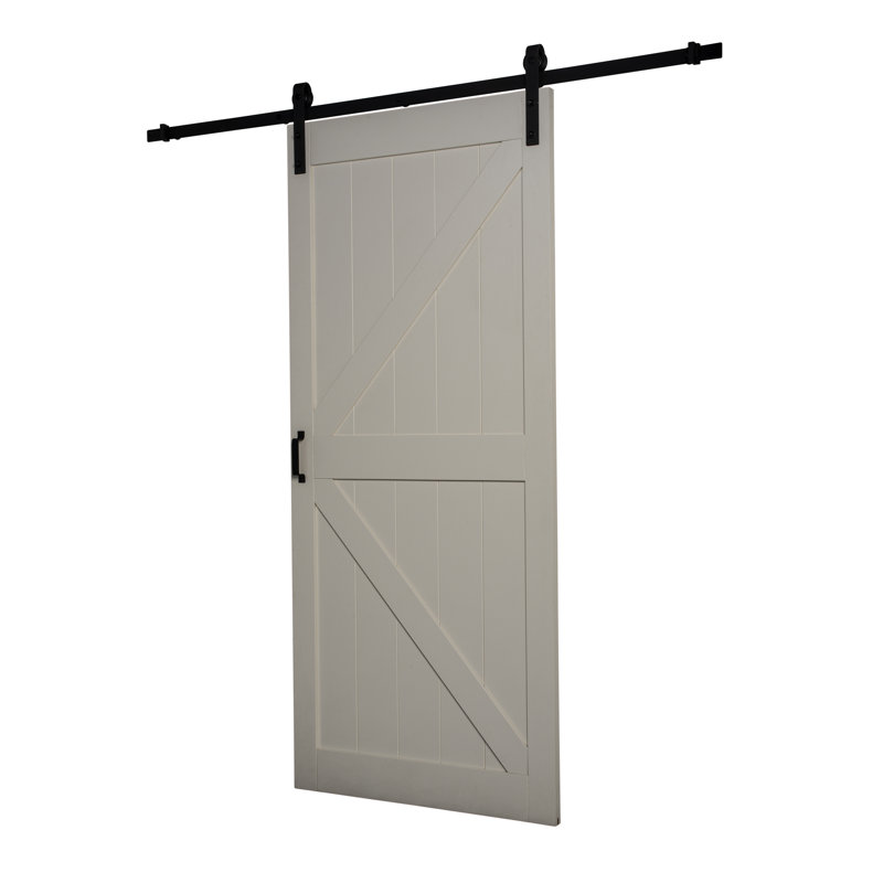Porte de grange complète en bois manufacturé à panneaux K-Design avec trousse de quincaillerie d'installation, Blanc cassé