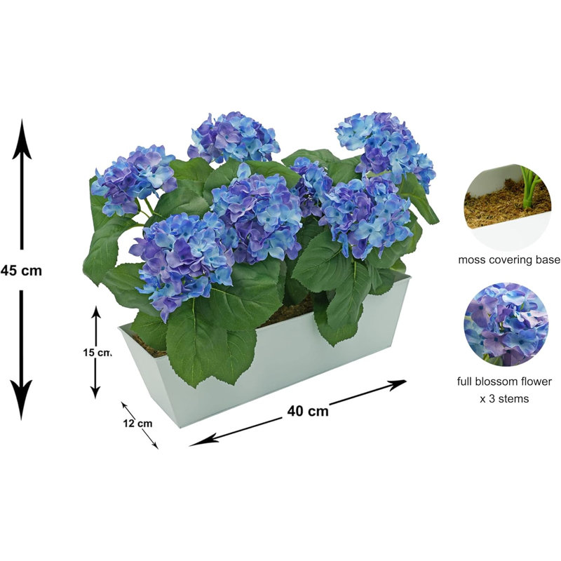 Artificial Hydrangea Flower in Tin Window Box (45cm), Blue, White