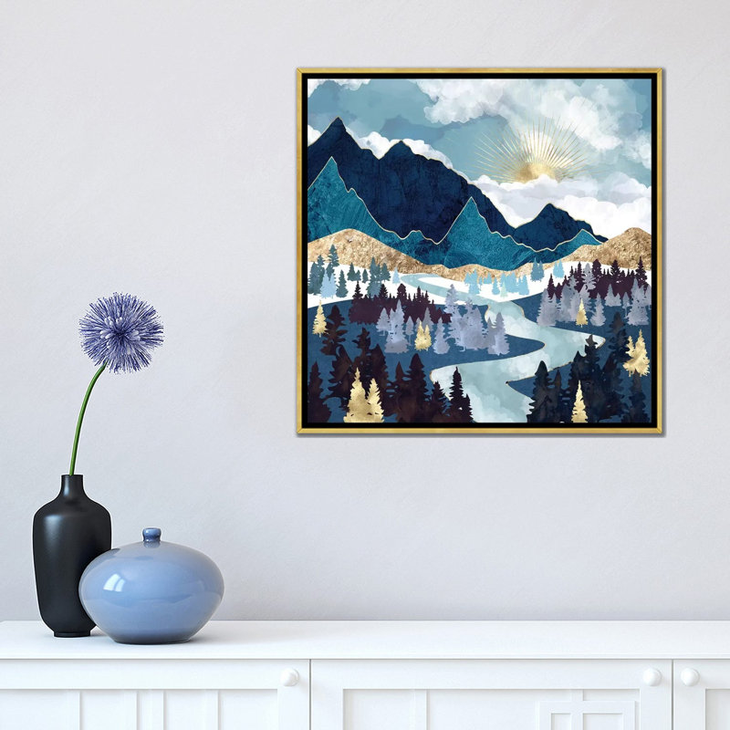 Valley Sunrise - impression d'art graphique, 18" H x 18" W x 1.5'' D, Toile encadrée d'or, Aucun mat