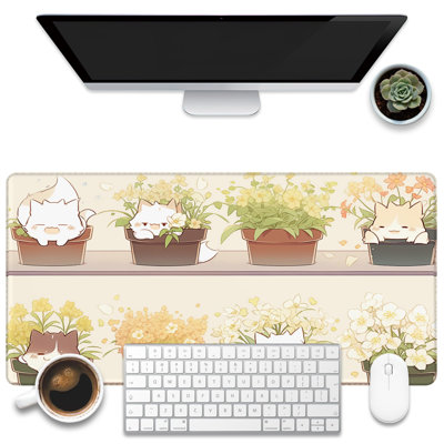 Sous-main pour bureau, tapis de bureau pour chat en pot mignon, grand tapis de souris de jeu pour chat Kawaii pour bureau, grand tapis de souris pour ordinateur avec base antidérapante et bord piqué, 15,75 po x 31,5 po