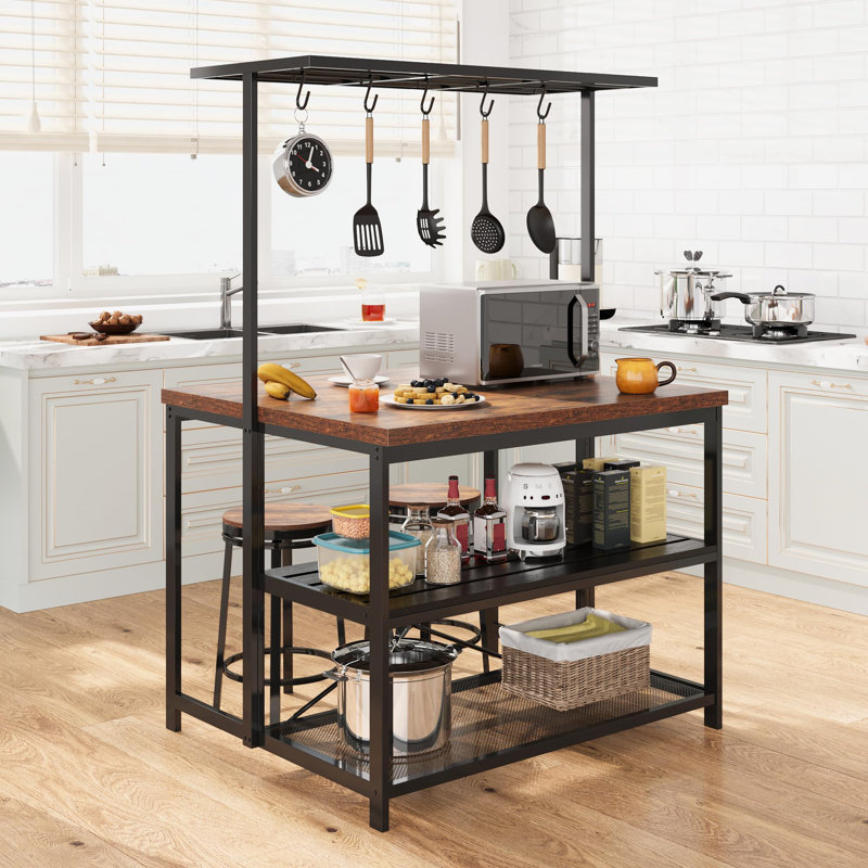 Îlot de cuisine 42 po avec 3 tablettes à 3 niveaux et 5 crochets, Brun