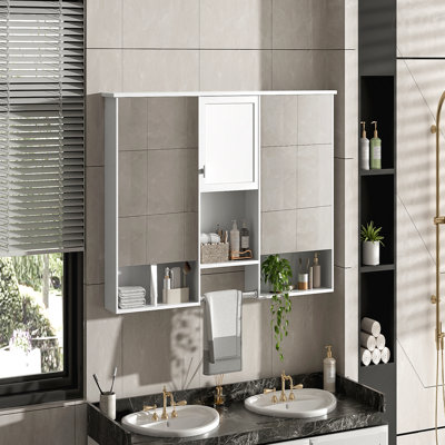 Armoire à miroir 55 po 3-en-1 à fixation murale 55 po avec tablette réglable, charnières à fermeture en douceur, panneau de fibres à densité moyenne de haute qualité, pour meuble-lavabo de salle de bain, salon, rangement de chambre à coucher