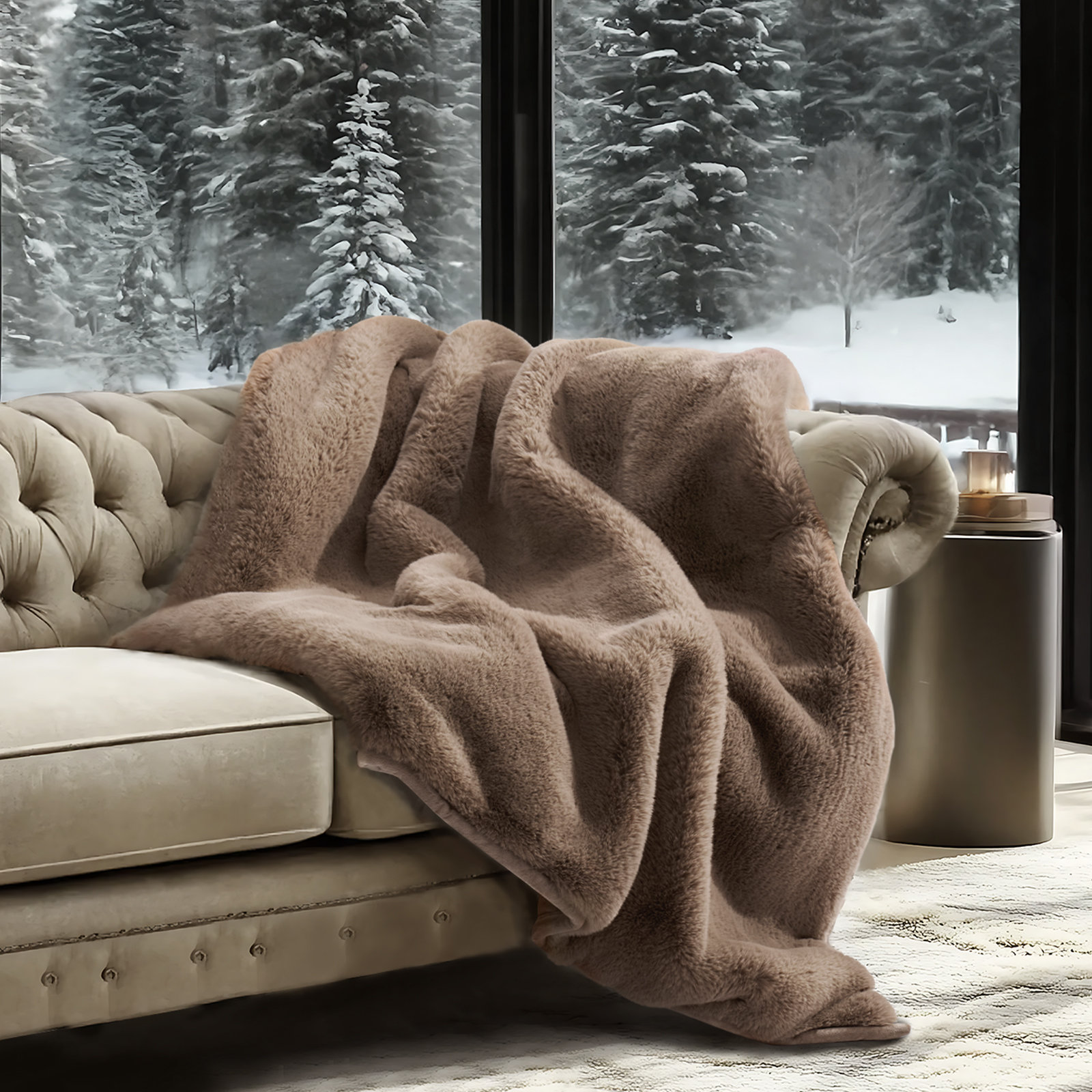 Chinchilla Faux Fur Throw Blanket, 60" L x 50" W, Tawny Mink