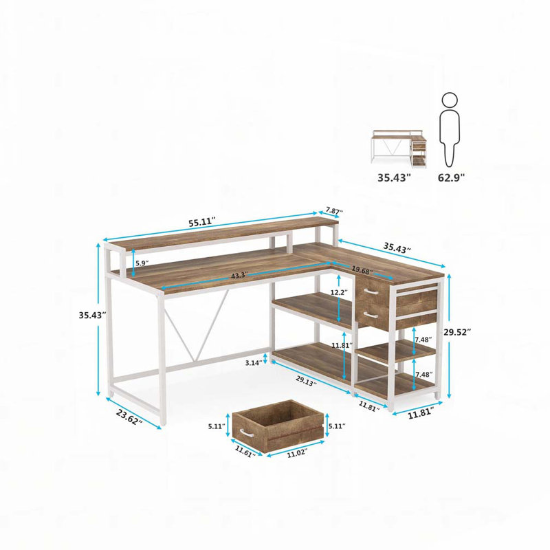 Bureau d'ordinateur en forme de L réversible avec support pour écran, Chêne / blanc
