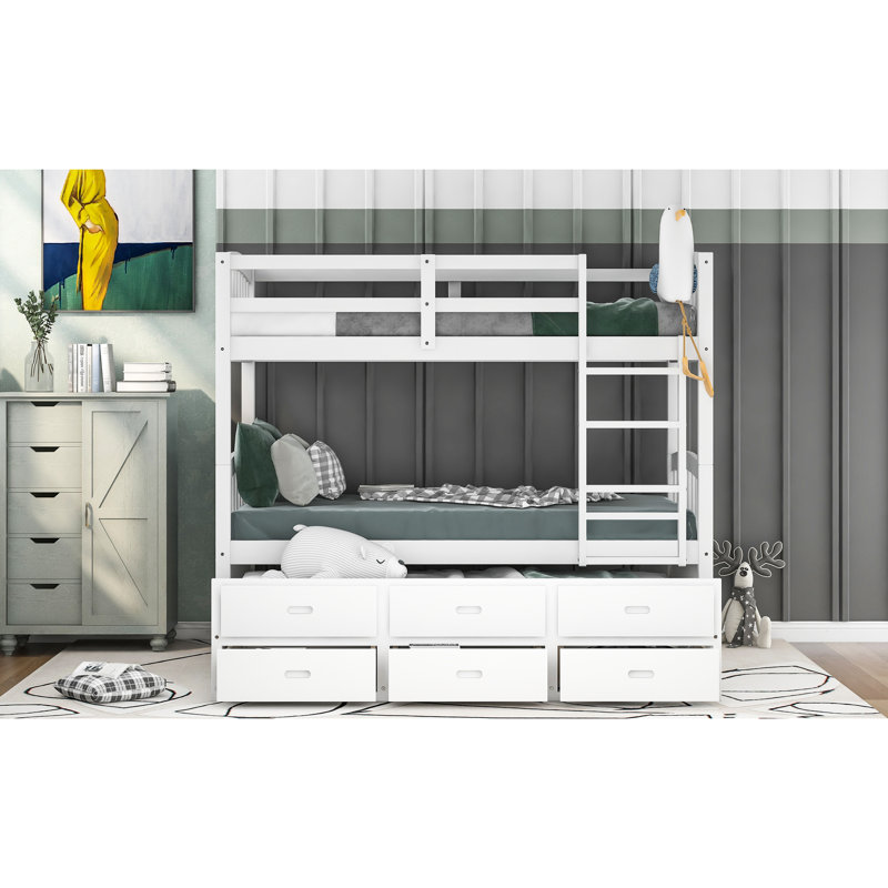 Lit superposé blanc avec lit gigogne et 3 tiroirs pour lit simple - construction au-dessus des tiroirs, agencement de chambre spacieux