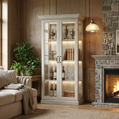 Modern Lighted China Cabinet With Tempered Glass Doors, LED Lighting, And Adjustable Shelves – Warm Oak Finish by Ebern Designs
