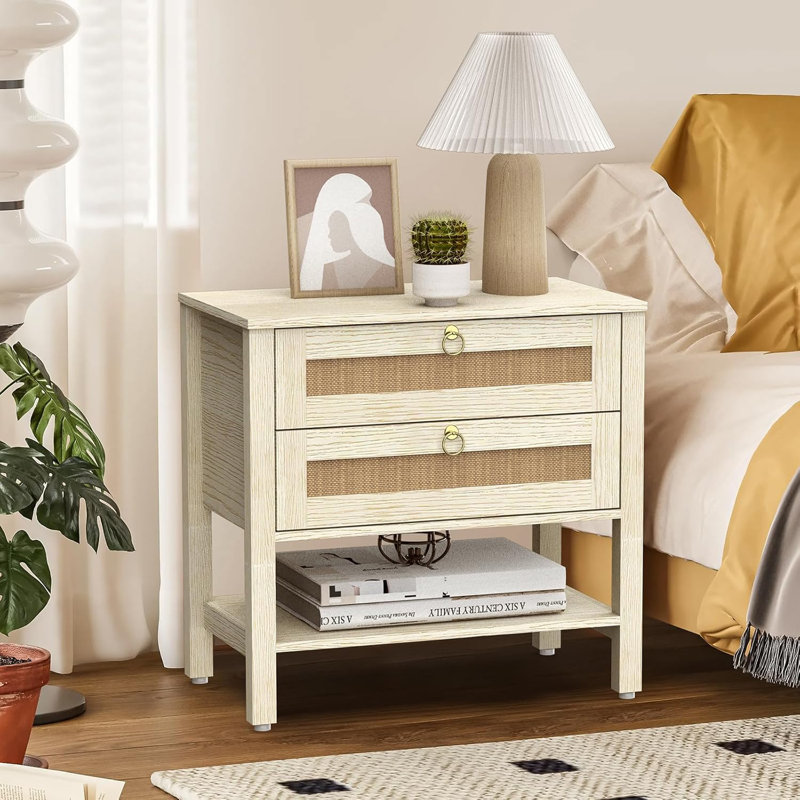 Ensemble de table de chevet blanc, grande table de chevet en rotin avec tiroirs et tablette de rangement, table de chevet Boho