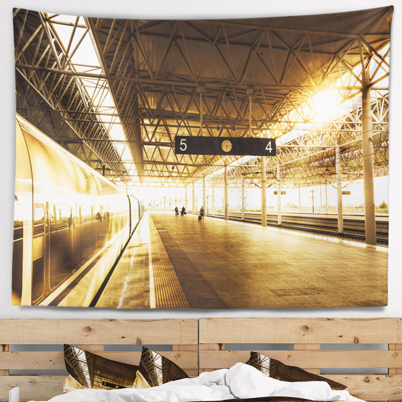 Paysage paysage à la gare avec tapisserie du soleil, H 68 po x l 80 po