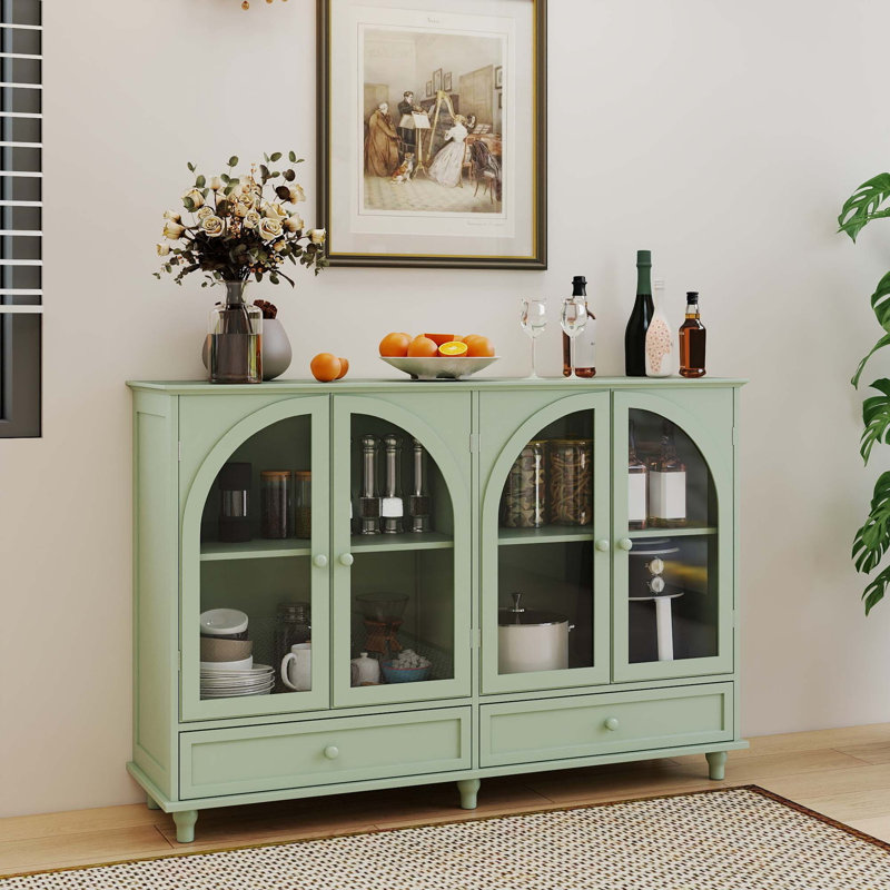 Buffet en verre arqué avec tablettes réglables et tiroirs, Vert