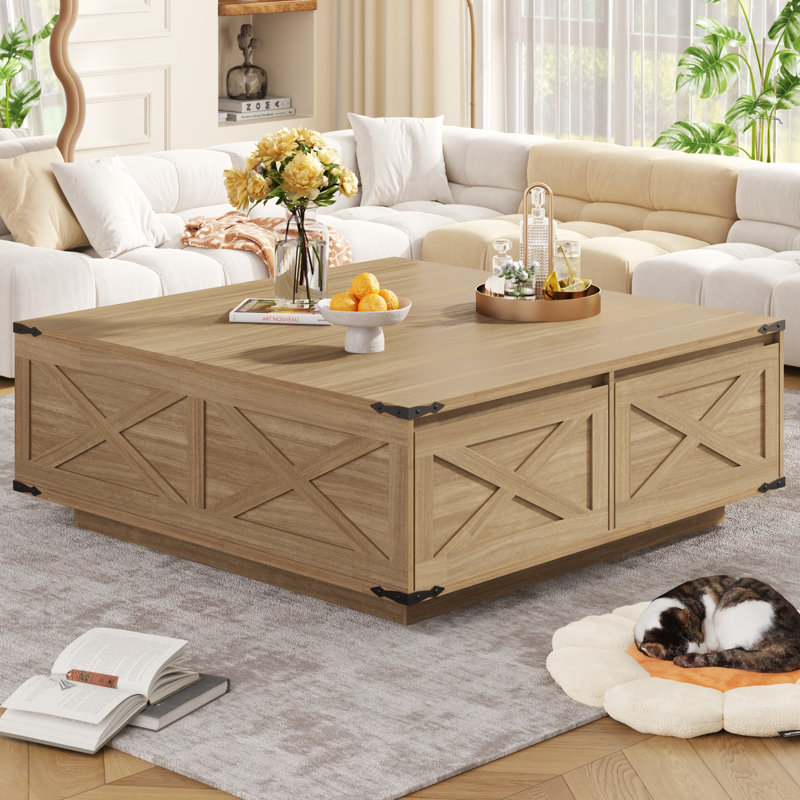 43" Large Farmhouse Coffee Table With 4 Storage Drawers, Natural Wood