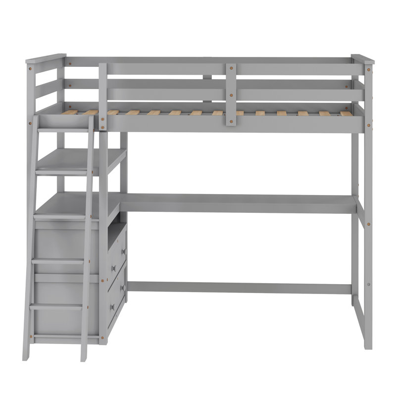 Ertis Twin 2 Drawer Solid Wood Loft Bed with Built-in-Desk by Harriet Bee, Gray