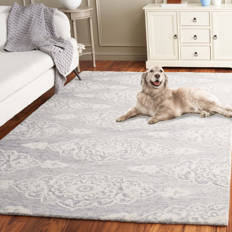 Tapis gris / ivoire en laine et en coton touffeté à la main Demarlis, Rectangle 6 pi x 9 pi