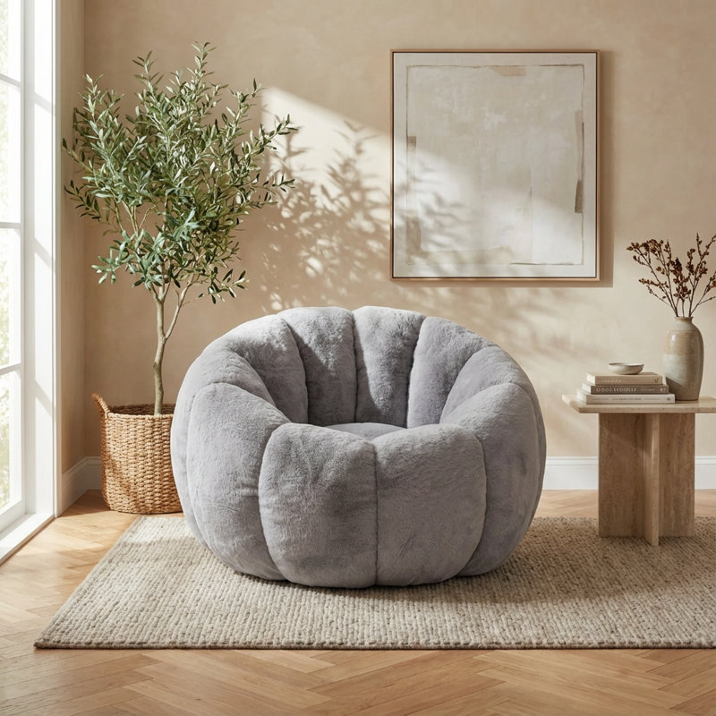 Floral-Shaped Single-Seater Bean Bag Sofa with Ultra-Soft Faux Fur and High-Density Foam Filling, Gray Faux Fur