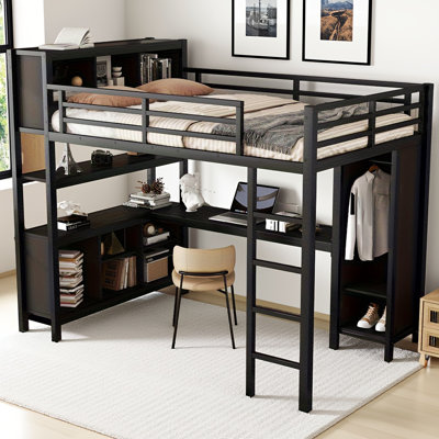 Full Size Metal Loft Bed With Wardrobe, L-shaped Desk & Storage Shelves – Heavy Duty Space-saving Loft Bed For  Adults