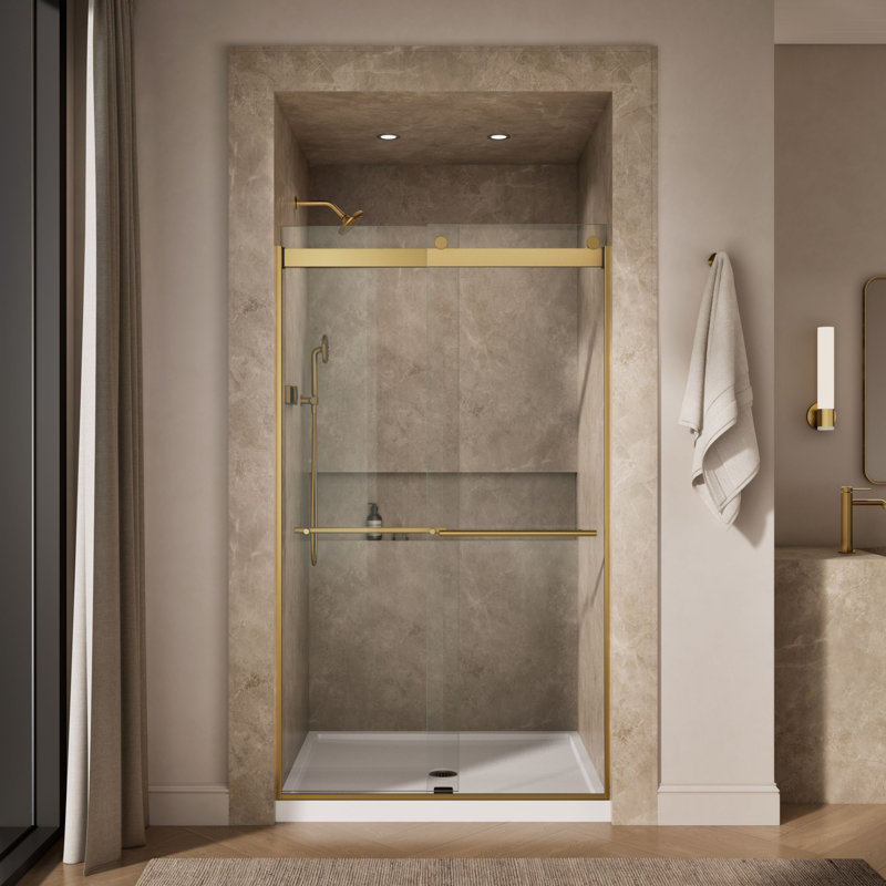 Levity Plus Less Sliding Shower Door, 81-5/8 In. H X 44-5/8 - 47-5/8 In. W, With 3/8 In.-Thick Crystal Clear Glass, Bronze