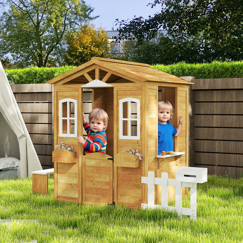 Maisonnette d'extérieur pour enfants avec portes en bois et boîte aux lettres, maison de jeu pour enfants de 3 à 6 ans, bois naturel