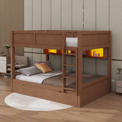 Full XL By Full XL Bunk Bed With Built-In Storage Units, LED Illumination, And Dual Drawers