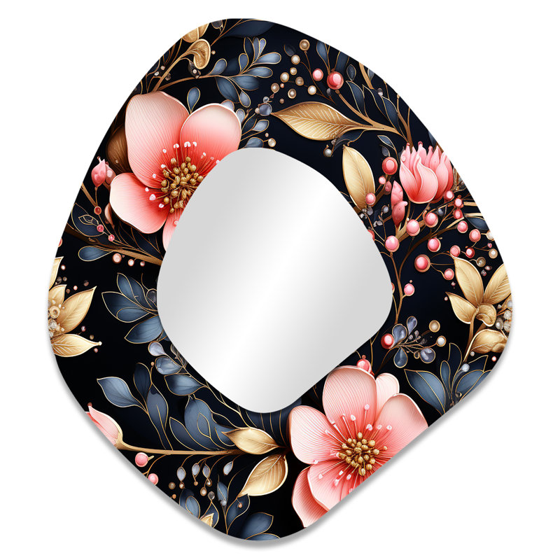 Lainey Crystal Bloom motif floral II - grand miroir mural de forme unique floral, miroir décoratif asymétrique rose, impression d'art en métal