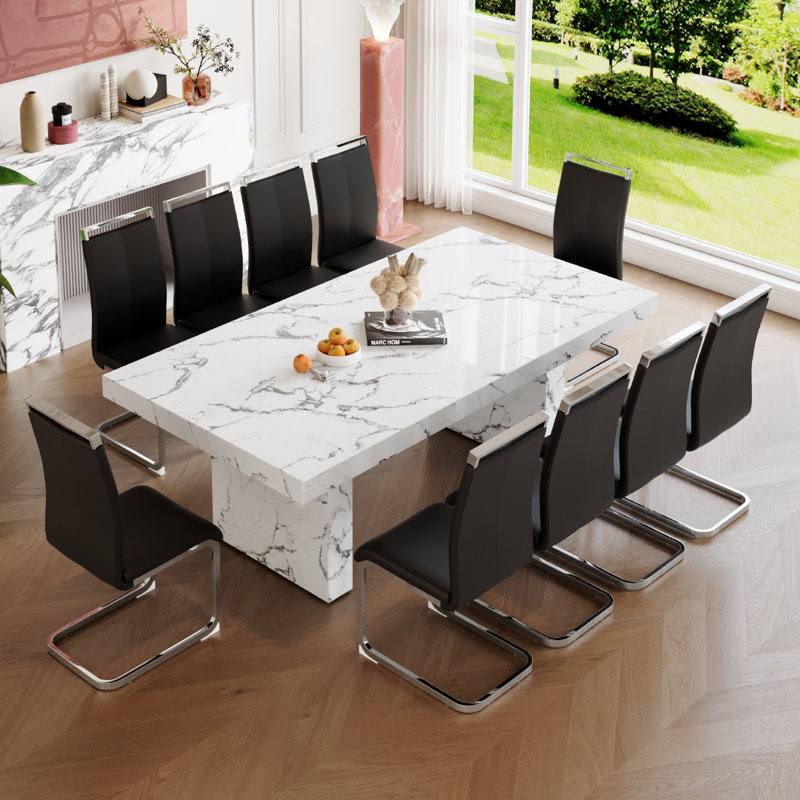 Ensemble de table de salle à manger à motif de marbre pour 10 personnes, Noir, noir, noir, noir, 11 pièces: table, 10 chaises