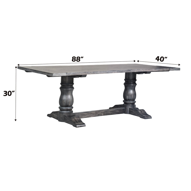 Table de salle à manger grise patinée avec plateau en bois de 70 mm d'épaisseur et structure de support rectangulaire à double piédestal Empire