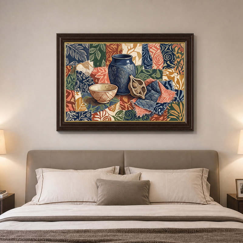 «Blue Vase» bol et graine sur fond de patchwork, art mural sur toile, 12"H x 18"W