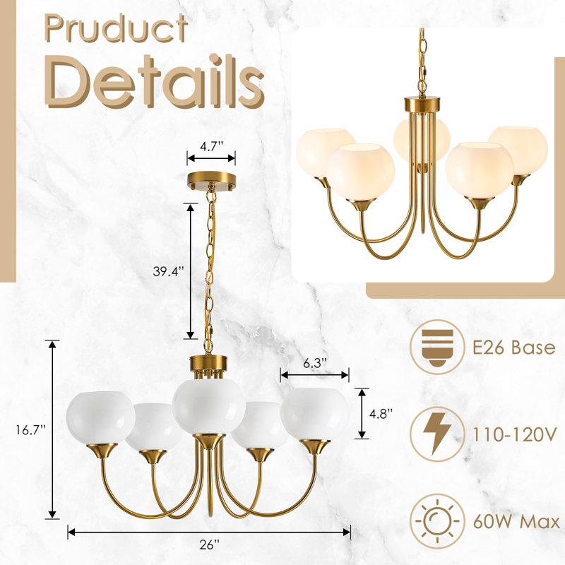 Modern Globe Chandelier 5 Light Mid Century White Milk Glass Chandeliers Gold Pendant Light Fixtures, Cream, Suspension Chain
