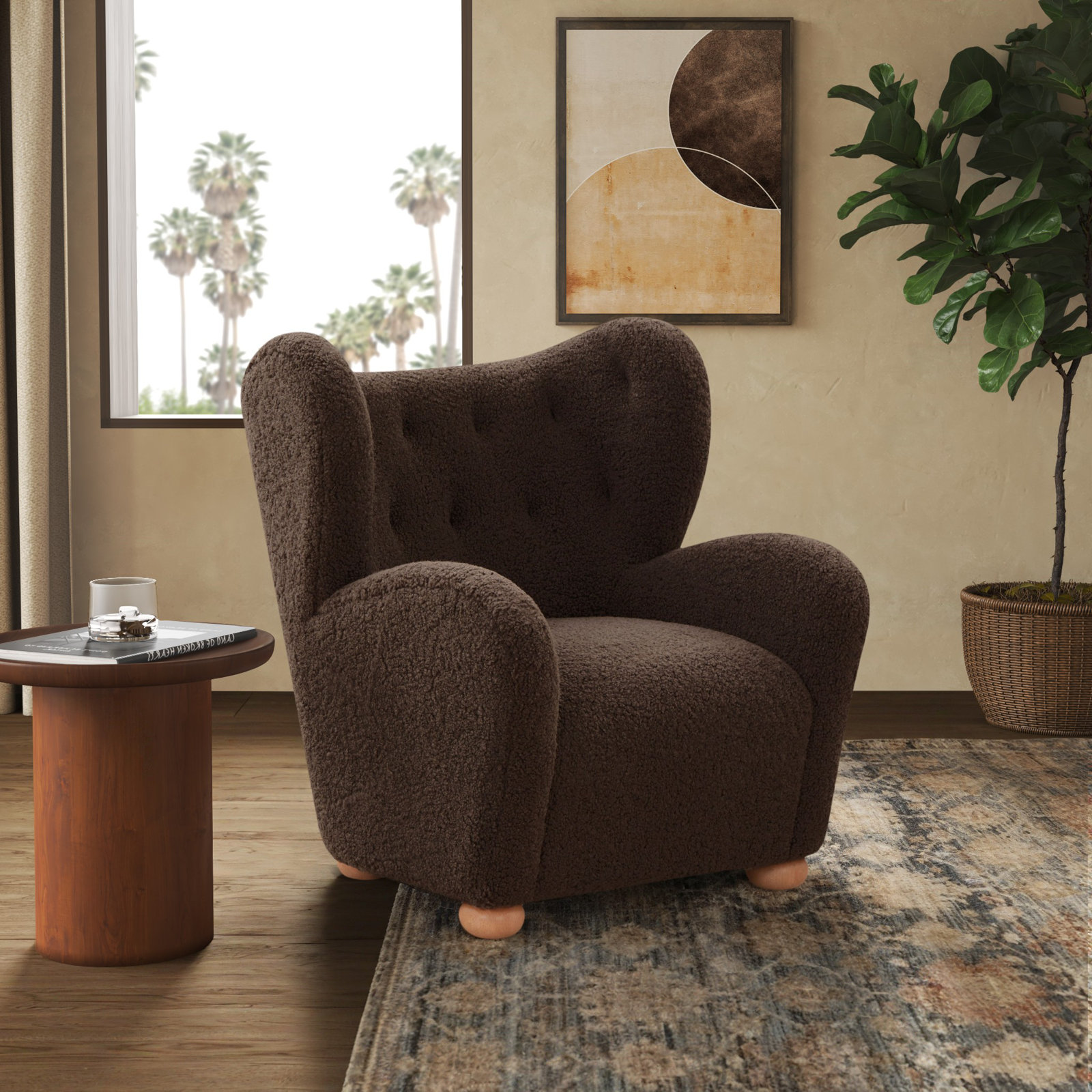 Levin Wingback Accent Chair, Dark Brown Faux Shearling