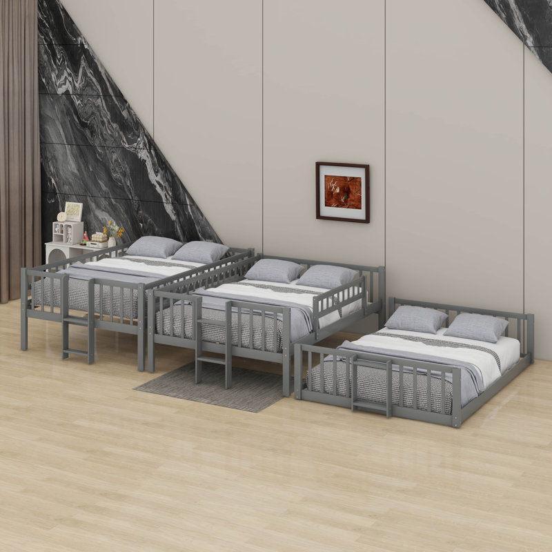 Full-Over-Full-Over-Full Triple Bed With Built-In Ladder And Slide, Gray