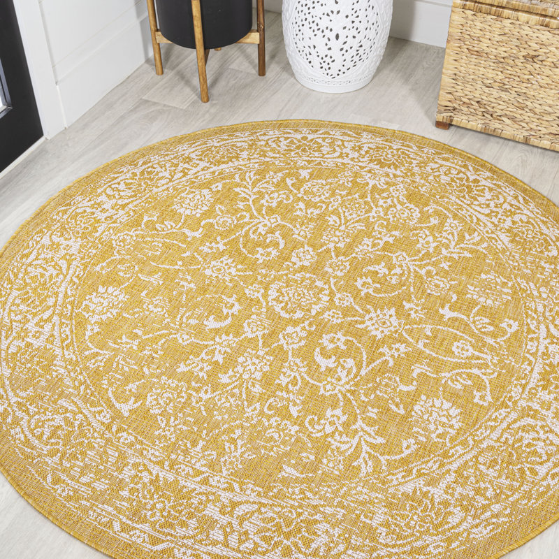 Tapis intérieur / extérieur jaune / crème Delcine, Rond 5 pi 3 po