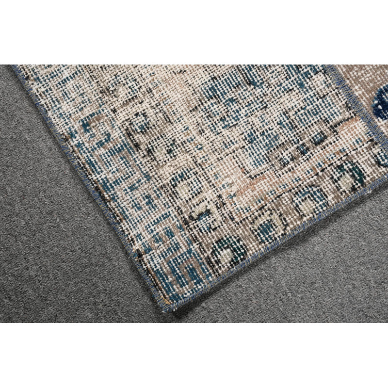 Tapis de porte turc rétro fait à la main dans un motif floral bleu pour un décor rustique élégant